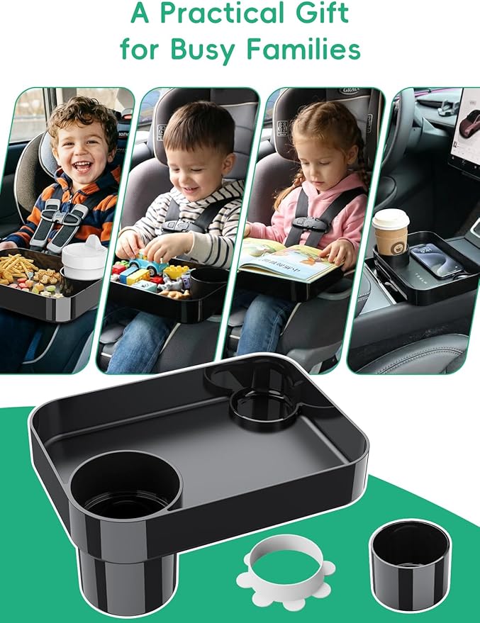 2PCS BBSDA Car Seat Cup Holder Snack Tray for Kids, Reduces Mess, Detachable Large Base & Adjustable Ring, Carseat Tray for Toddler, Car Seat Food Tray Table for Kid Travel Road Trip Essentials