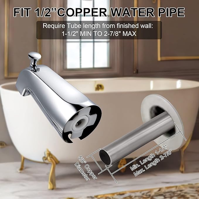 Enhon Slip on Tub Spout with Diverter, Compatible with American Standard 8888026.002 Tub Spout, Bathroom Bathtub Faucet, Fits 1/2 Copper Water Tube(5/8 Dia), 5/32 Hex Wrench(Chrome,1)