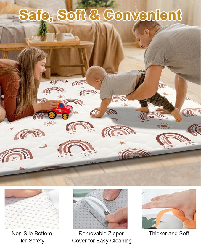 TINYHARBO Premium Foam Baby Play Mat 50" x 50" with Removable Cover, Extra Thick Padding Playpen Mat, Non-Slip Floor Mat, Stylish & Easy to Clean for Crawling Baby, Infants & Toddlers, Rainbow
