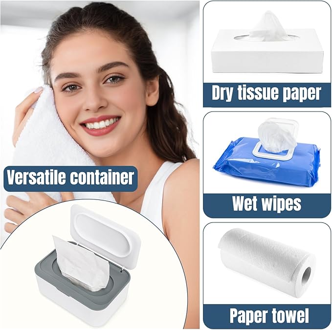 Hiceeden 6 Pcs Baby Wipes Dispenser, Easy Pull Wipe Holder with Concave Surface Lid, Non-slip Wipe Cases Containers with Sealing Design for Bathroom, Baby Nursery, Grey