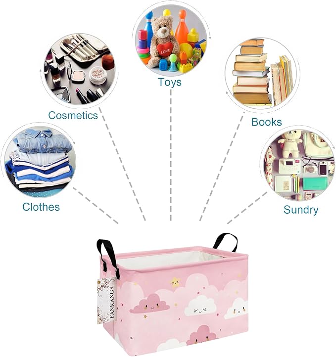 FANKANG Storage Bins, Nursery Hamper Canvas Laundry Basket Foldable with Waterproof PE Coating Large Storage Baskets for Kids Boys and Girls, Office, Bedroom, Clothes,Toys(Rec-pink cloud ）