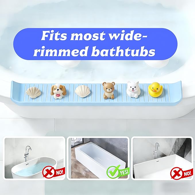 31IN Silicone Bathtub Splash Guard for Kids, Strong Suction Cups Tub Topper & Bath Toy Holder, Bath Tray Play Shelf & Bathroom Toy Storage, Kids Bathroom Accessories, Prevents Water Spills
