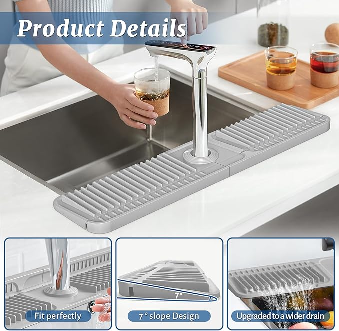 PoYang 24 inch Faucet Mat for Kitchen Sink Splash Guard, 7° Slope Silicone Sink Water Splash Guard for Kitchen Sink Area with Snap, Longer Sink Protectors for kitchen Sink Sponge Holder, Light Grey