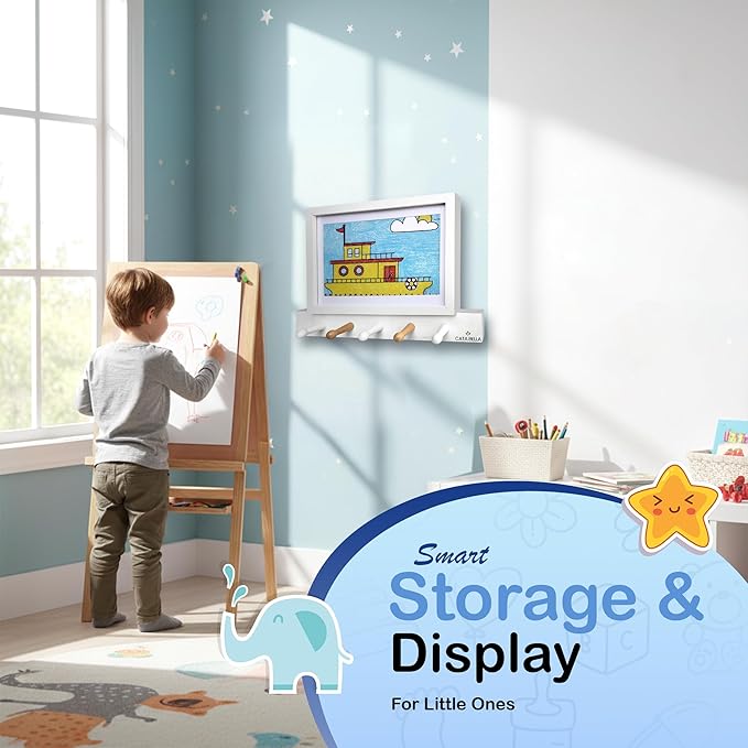 Cata Bella Kids Artwork Frames Changeable with Coat Rack Wall Mount, Wooden Wall Decor with Entryway Hooks and Magnetic Picture Frame, Decorative Organizer for Kids and Home