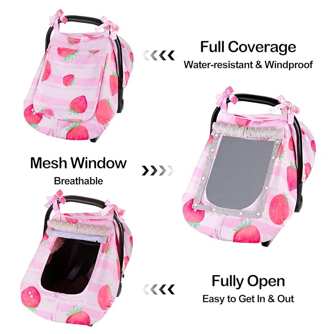 FIOBEE Baby Car Seat Cover, Car Seat Covers for Babies Infant Car Seat Canopy with Breathable Mesh Window Waterproof Carseat Cover for Babies Boy Girl 4 Seasons
