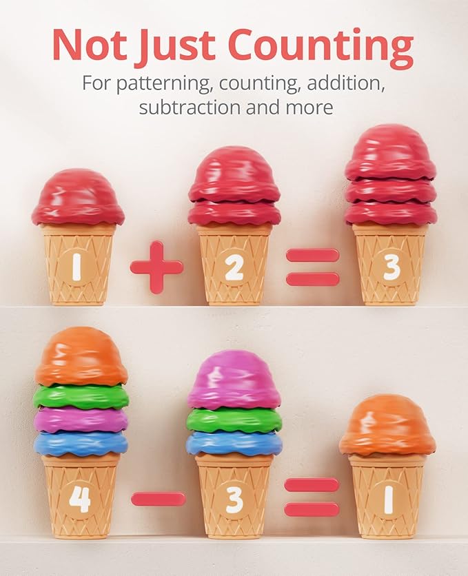 JoyCat Ice Cream Preschool Learning Activities Counting and Color Sorting Set Stacking Toys for Kids 3-5, Educational Fine Motor Skills Toys, 65PCS Math Manipulatives Resources Food for Valentine Gift