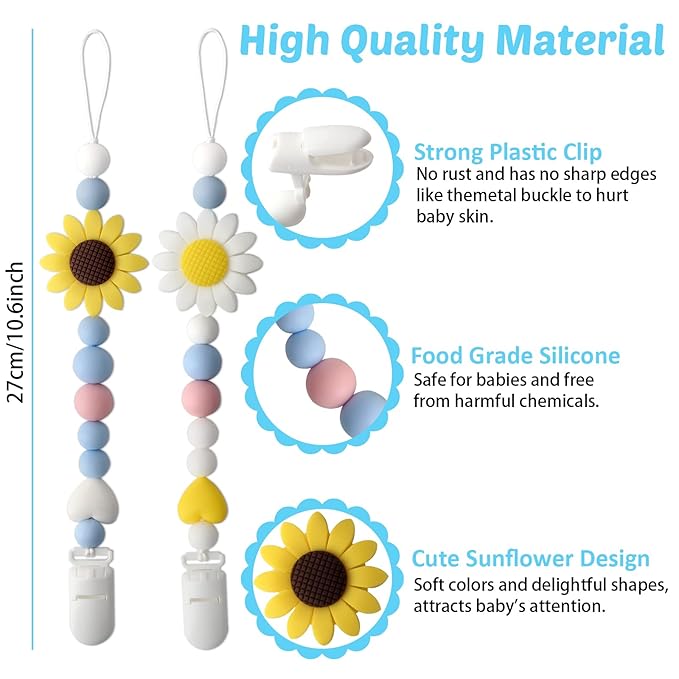 Silicone Pacifier Clip, 2 Pack Pacifier Holder for Boys and Girls, Adorable Sunflower Pacifier Clips Fits for Most Pacifier, Baby Teethers, Baby Shower and Baby Gift(White&Yellow)