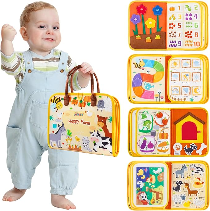 Jollybaby Montessori Activity Busy Book for Toddlers, Preschool Educational Learning Busy Board for 3 Year Old, Felt Quiet Book Birthday Gift - Farm