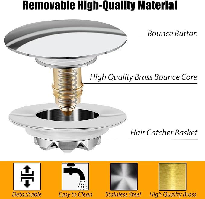 Bathtub Drain Stopper, Pop Up Tub Stopper and Cover, Bottom with Hair Catcher, Universal for 1.45 to 1.8 in Drain, Replaces Old Drain Plug, Chrome Silver