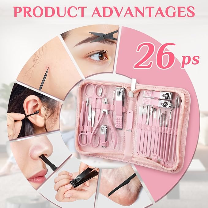 26-Piece Professional Manicure Set，Features Stainless Steel Tools, Carbon Steel Clippers & Travel Case for Women's Home and Travel Grooming，Luxury Nail Care Gift for Her(Pink)