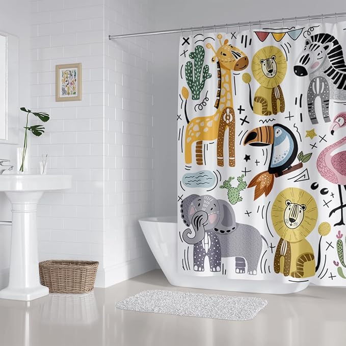 Cute Animal Shower Curtain Wildlife Lion Zebra Elephant Chameleon Flamingo Giraffe Home Bathroom Decor Waterproof Fabric 72Lx72W Inch with Plastic 12PCS Hooks
