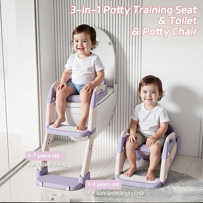 Snugzy Toddler Potty Training Seat 3-in-1 Foldable Potty Training Toilet with Step Stool Adjustable Potty Chair with Urinals (Pink Purple)