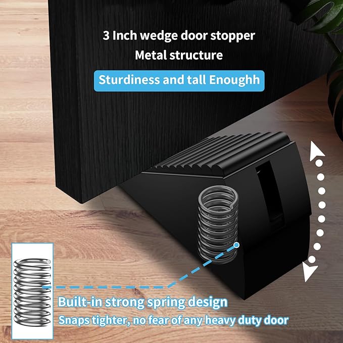 Strongest Door Stoppers for Bottom of Door- Spring Heavy Duty Door Stop Wedge, 3 Inch High Adjustable Metal Rubber Large Doorstop Strong Grip, Suits Carpet, Tile, Home, School, Commercial