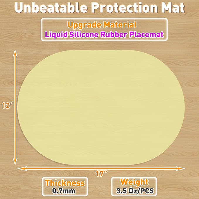 Oval Silicone Placemats Set of 4, Heat Resistant Non-Slip Waterproof Table Mats, Ultra-Thin Translucent Easy Clean Dining Mats for Home & Kids, 17"x12", Yellow