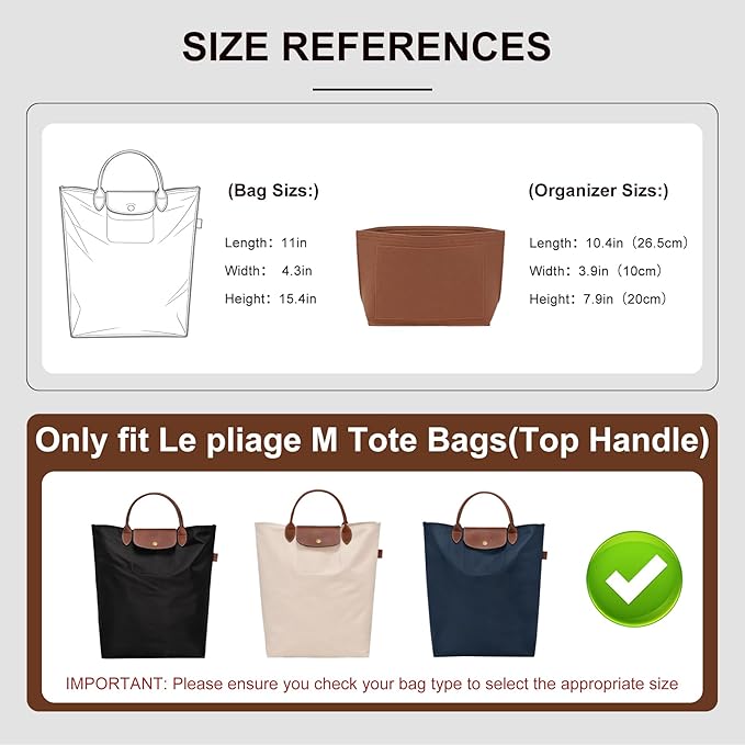 Premium Felt Purse Organizer Insert for Longchamp Le Pliage M Top Handle Tote Bag, Lighweight Long Champ Medium Tote Divider with Zipper Pocket,Bags Storage Shaper with 7 Pockets, Glod Brown/SM