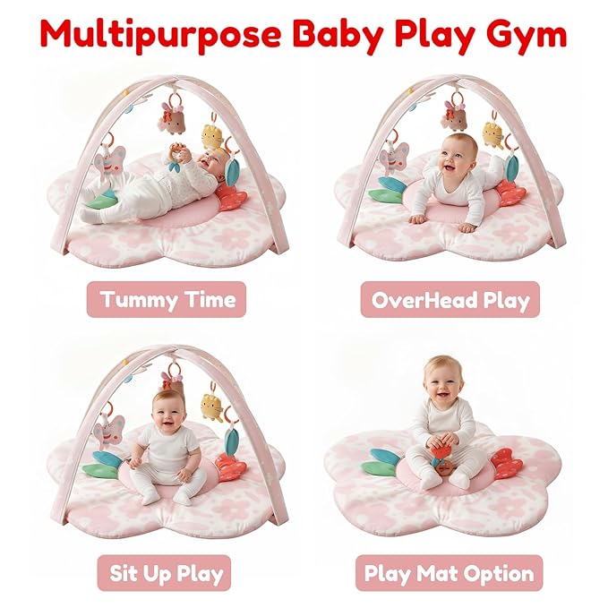 Baby Play Gym & Activity Mat with Light-up Musical Arch, Washable Tummy Time Mat with 6 Detachable Sensory Toys for Motor Skills, Baby Essentials Shower Gift - Updated Spring Blossoms Themed