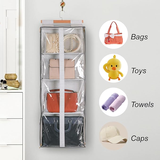 JINOKADI Clear Hanging Handbag Storage Organizer with Zippers, Easy Access Purse,Toy,Yarn,Hat Storage Holder Over The Door Purse Organizer Space Saving 4 Pockets for Closet Bedroom Living Room (Grey)
