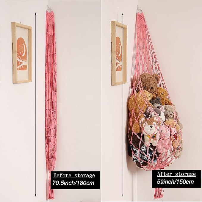 Novel Stuffed Animal Hammock Corner Hanging Net for Stuff Aniaml Storage Macrame Toy Display Plush Toy Holder-Perfect for The Tiny Space Walls (pink, XXL)