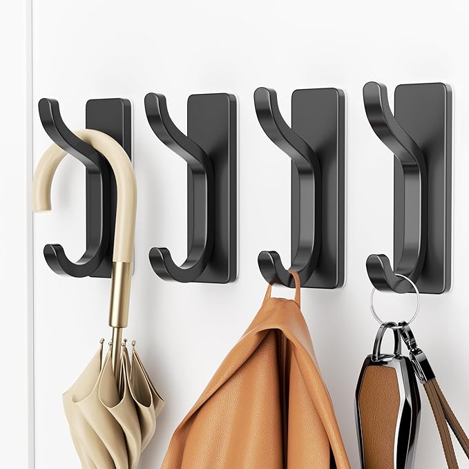 pickpiff Adhesive Wall Coat Hooks - Heavy Duty Stick-On Door Hanger, Metal Hook for Hanging Towel,Purse, Robe, Backpack, Jacket, Clothes - for Bathroom,Dorm, Closet, Kitchen - Black, 4 Pack