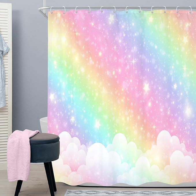 Kids Rainbow Shower Curtain 60Wx72H Girls Pastel Cartoon Cute Colorful Sky Clouds Stars Aesthetic Bathroom Curtain Set Girly Bath Curtain Cloth Fabric Bathroom Accessories Decor with 12 Hooks