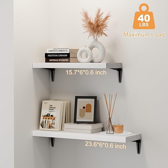 SKYSEN Floating Shelves for Wall Set of 6, 15.7in Wood Wall Shelf for Decor, Bathroom, Bedroom, Storage, Book,Kitchen, Living Room - White(fs-40-w)