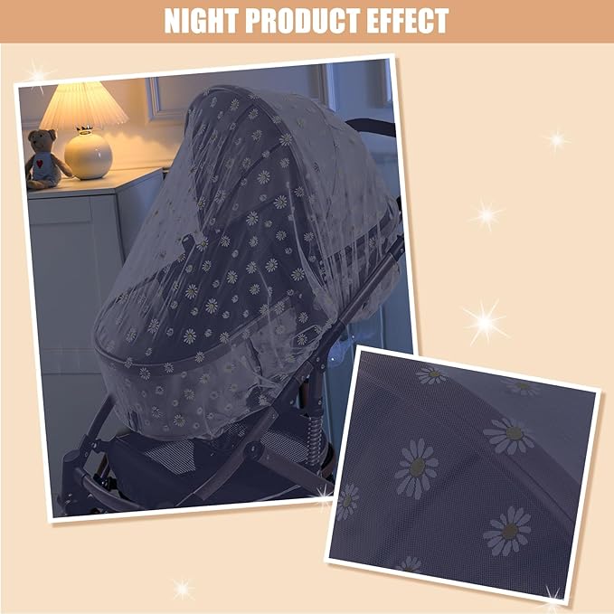 BQSAZHYJ Mosquito Net for Baby Pram, Daisy Print Stroller Netting Cover - Perfect Bug Net for Strollers, Bassinets, Mini Crib, Cradles and Playards (White Daisy)