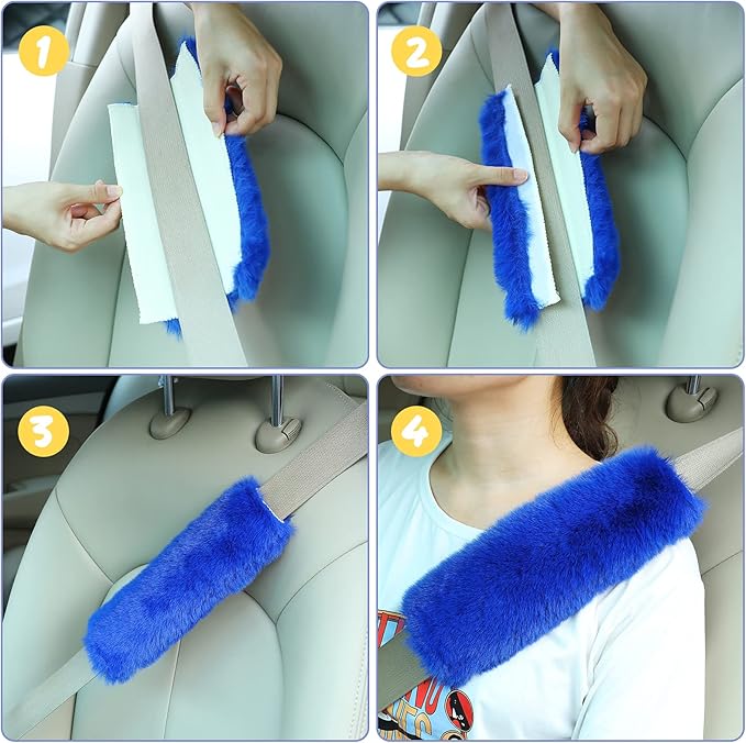 Boao 4 Pack Faux Sheepskin Car Seat Belt Pads Seatbelt Protector Soft Seat Belt Shoulder Strap Cover Comfort Harness Pad(Blue, 9.9 Inch)
