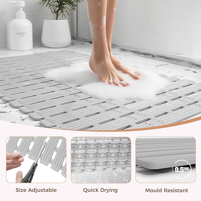 PuoWeo Bathtub Mat Non Slip for Bathroom with Suction Cups and Drain Holes 35.4 * 15.7 Shower Mat for Inside Shower, Quick Dry Bath Mat for Baby Kids Seniors Pregnants Adults, Easy to Cut, Easy Dry