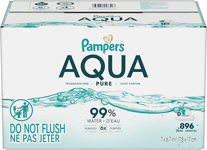 Pampers Aqua Pure Baby Wipes, 99% Water, Fragrance Free, Unscented, Water Based, Multi-Use, 896 Wipes Total (16X Flip-Top Packs) [Packaging May Vary]