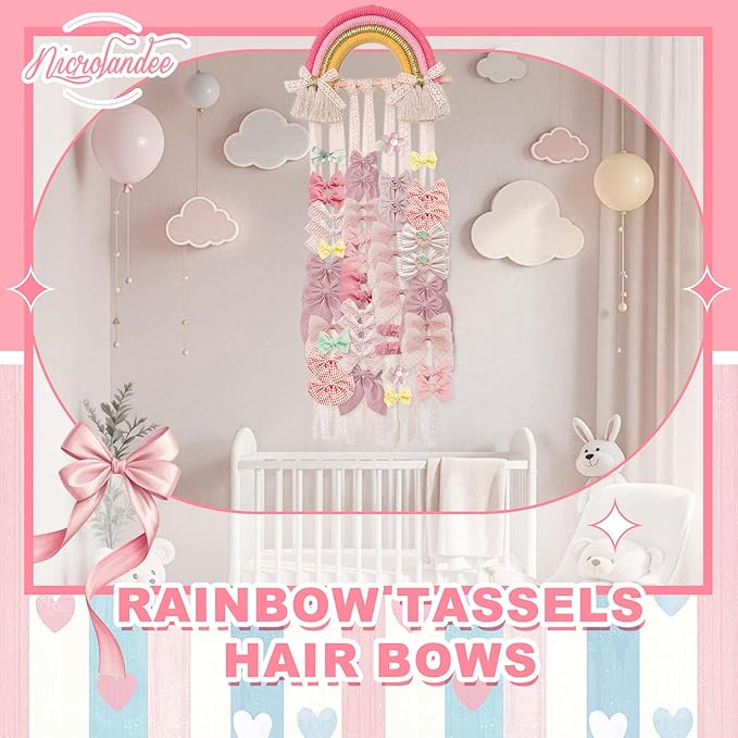 NICROLANDEE Rainbow Tassels Hair Bows Holder Hanging - Baby Hair Accessories Storage Bow Organizer Wall Hanger Decor for Baby Girls Wall Hanging Decor for Girls Room Ornament (Pink Yellow)