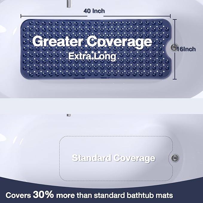 Extra Long Bathtub Mat Non Slip, Navy Blue Soft Bath Mat for Tub 40 x 16 Inch Full Size, Bath Tub Shower Mats for Bathroom Floor, Big Suction Cups and Drain Holes, Easy Washable, BPA Free