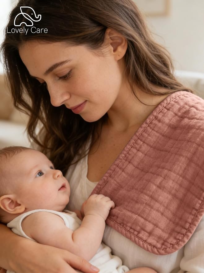 Lovely Care 12 Pack Muslin Burp Cloths 100% Cotton Muslin Cloths Large 20''x10'' Extra Soft and Absorbent Baby Burping Cloth - Blush and Terracotta