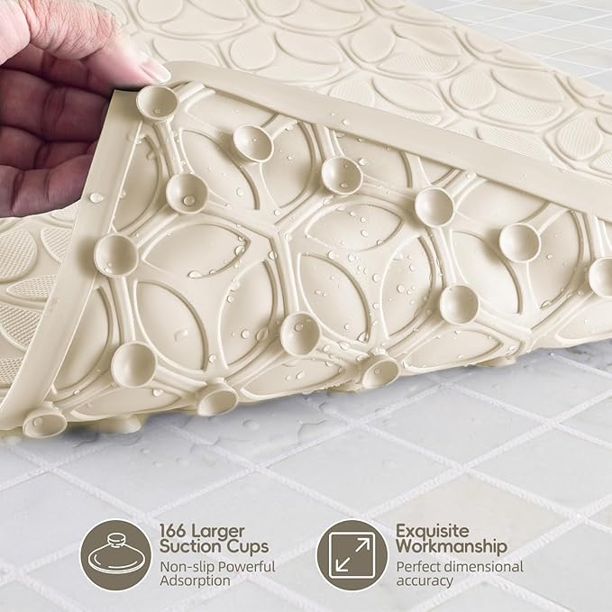 Bathtub Mat Non Slip with Suction Cups - 100% Rubber Bathroom Mat Textured for Bath Tub Shower Safety - Soft on Touch - BPA/PVC Free - Pet Dog Bath Mat - Machine Washable - 16 × 28 Inch（Beige）