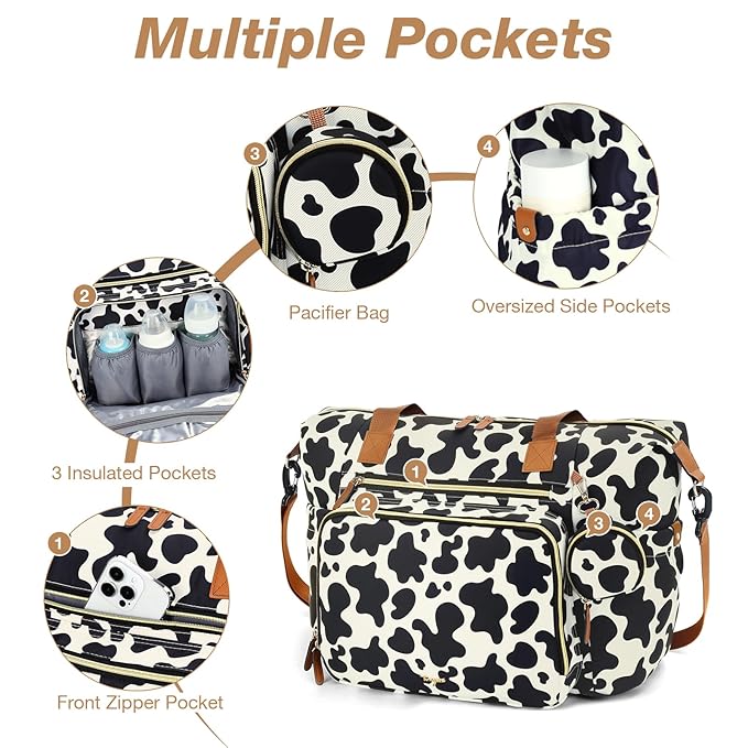 Tonyeee Diaper Bag Tote, Large Baby Diaper Bags for Travel, Hospital Bag for Labor Delivery with Pacifier Case, Changing Pad, Shoulder Strap, Cow Print