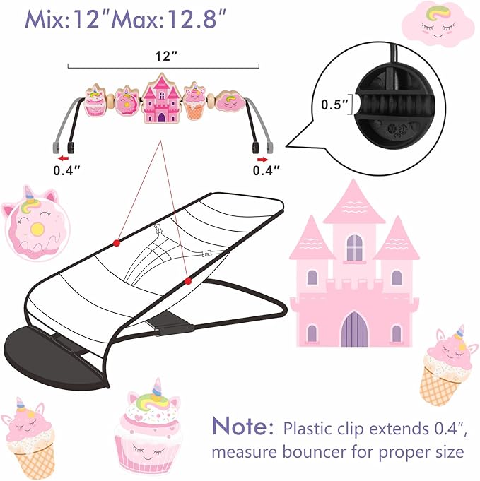 Baby Bjorn Bouncer Toy Bar, Adorable Pink Elements Wooden Toy for Bouncer Soft & Bliss, Easy to Attach and Remove, Child-Friendly Materials, Special Design for Baby Girls, Castle & Dessert