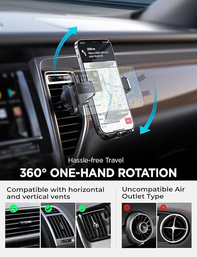 LISEN Car Phone Mount, Phone Holders for Your Car [Thick Cases Friendly] Car Vent Phone Holder & Metal Hook Truck Jeep Accessories for iPhone 17 Air Pro Samsung Google and All 4-7'' Phone