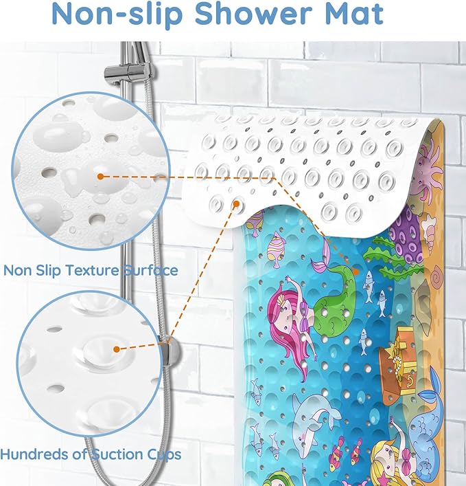 KINUUIS Bathtub Mats for Kids, Sea Ocean Mermaid Bath Mat for Tub Non Slip, 40 X 16 Inch Large Washable Bathtub Mat Non Slip for Showers with Drain Holes and Suction Cups