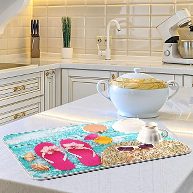 Summer Flip Flops Dish Drying Mat 16x18 in for Kitchen Counter Decor, Absorbent Blue Wooden Board Dry Pad Seashells Baby Bottle Dryer Rack Drainer Mats for Countertop Sink