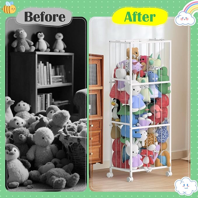 OUTWOLF Stuffed Animal Storage, Large Stuffed Animal Zoo Holder, Sturdy Metal Plushies Toy Storage Organizer for Nursery Playroom Kids Room, White