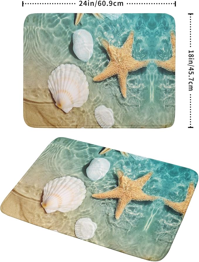 Summer Beach Style Dish Drying Mat for Kitchen Counter,Starfish and Seashell Drying Mat 18 x 24 Inch with High Absorbent Reversible Microfiber Dish Drying Pad Drainer Mat for Coffee Bar