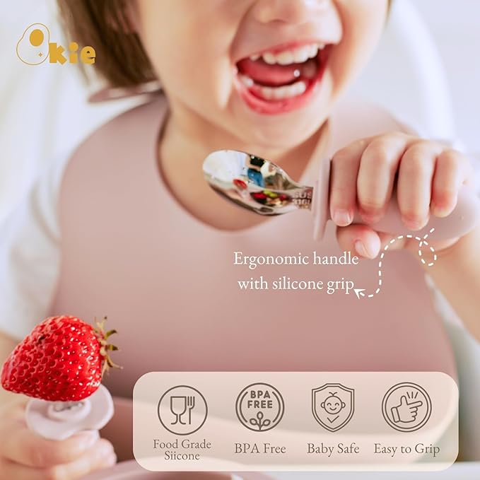 Qkie Toddler Utensils, Toddler Forks and Spoons, Baby Spoons Self Feeding, Stainless Steel Baby Silverware with BPA Free Silicone Easy Grip, 8 Months+