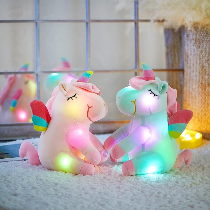 Athoinsu Light up Green Unicorn Stuffed Animal Soft Plush Toy with LED Colorful Night Lights Glowing Children's Day Birthday Valentine's Day for Toddler Kids Girls Women, 12''