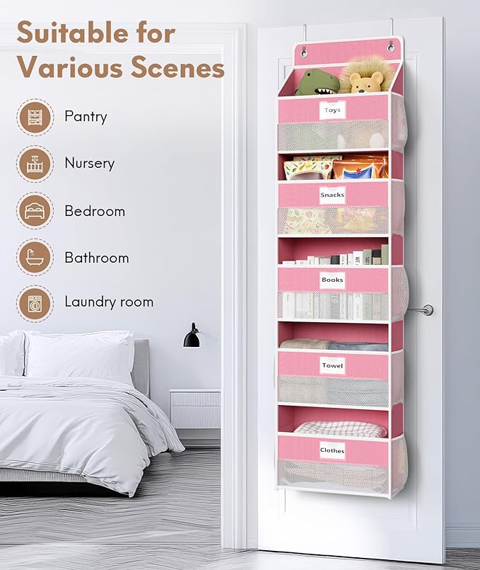 Over The Door Organizer Hanging, 2 Pack 5 Shelf Behind The Doors Storage, Pantry Door Organizer, Closet Organizers for Bedroom and Nursery (Pink)