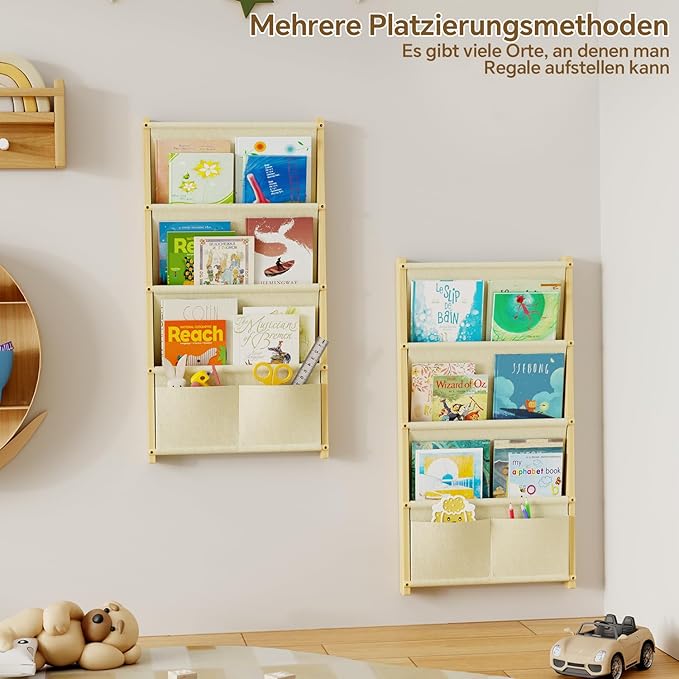 Wood 4-Tier Wall Mounted Kids Bookshelf – Floating Book Shelf For Kids Rooms,Nursery & Classroom, Hanging Bookcase Organizer For Books, Nursery Shelves, Toddler Book Shelf, Montessori Bookshelf 2Pack