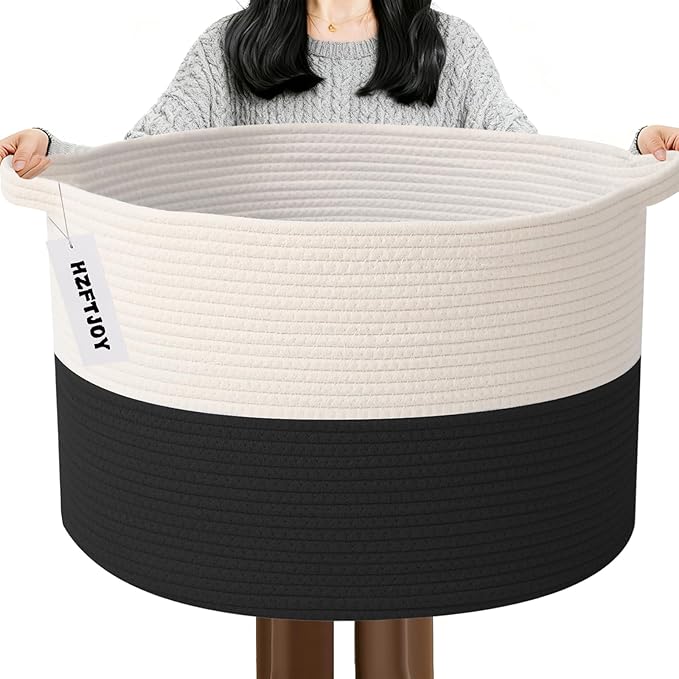 Large Storage Basket with Handle,19.7" L x 19.7" W x 13" H Blanket Basket Storage Bins for Organizing,65L Cotton Rope Woven Baskets for Living Room, Nursery,Bedroom,White&Black