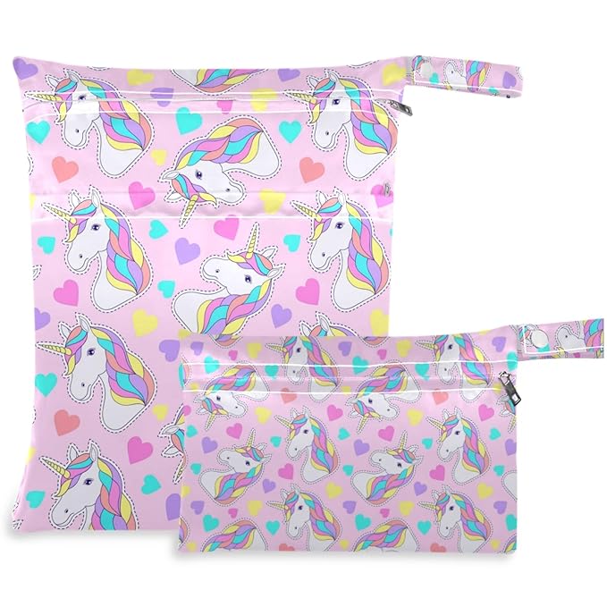 visesunny Cartoon Unicorn Colorful Heart 2Pcs Wet Bag with Zippered Pockets Washable Reusable Roomy for Travel,Beach,Pool,Daycare,Stroller,Diapers,Dirty Gym Clothes, Wet Swimsuits, Toiletries