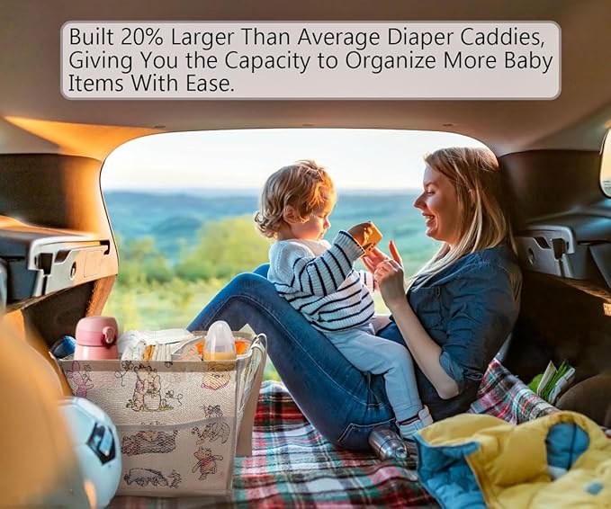 Extra Large Winnie Baby Diaper Caddy Organizer, Baby Wipes Storage Basket for Changing Table, Gift for Newborn Essentials, Baby Shower Must Have, Portable and Foldable for Space Saving (White)