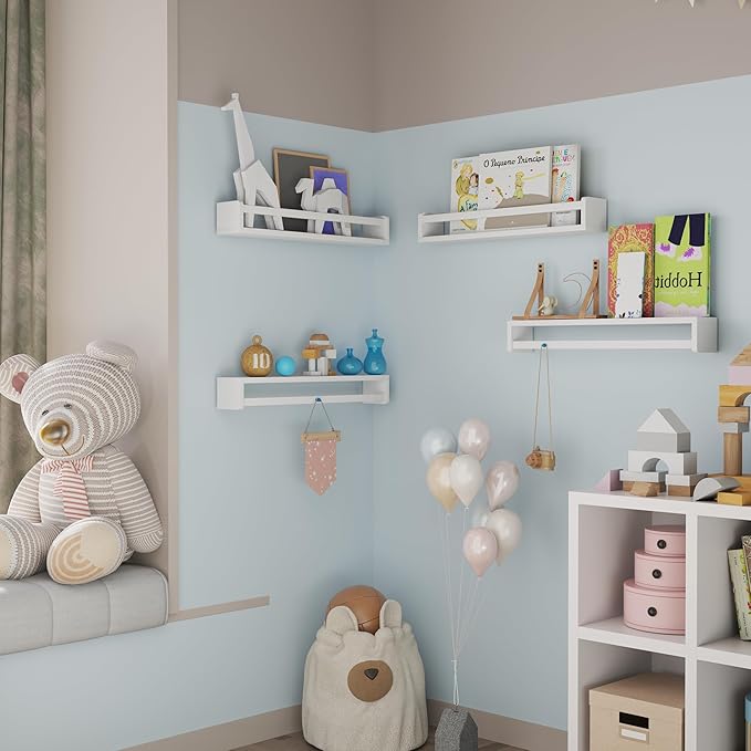 Heimlove Nursery Floating Shelves, Solid Wood Nursery Book Shelves for Wall, 24 inch Bookshelf for Kids, Wall Mounted Shelves for Books,Toys and Decor Storage, Set of 3 (White)