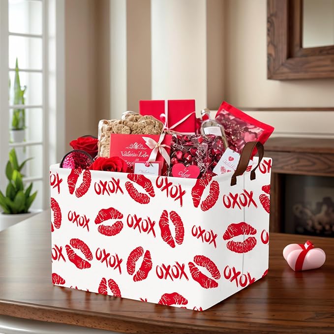 ASKETAM Valentine's Day Basket for Gifts Empty Cute Heart Large Gift Basket Decorative Storage Bin for Kid and Baby Room Décor (XOXO Red Lips)