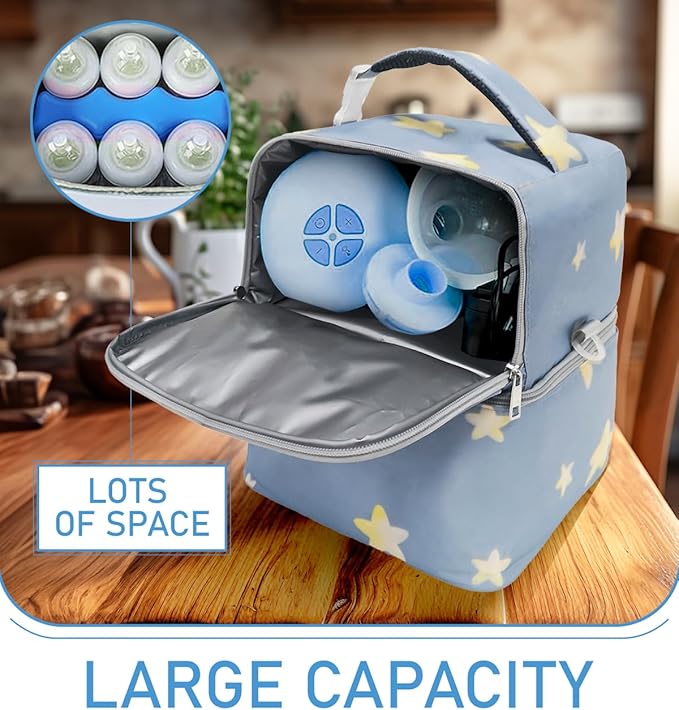 Breastmilk Cooler Bag with Ice Pack, Large Insulated Breast Pump Bottle Storage, Portable Baby Bottle Cooler for Travel, Beautiful Star Design